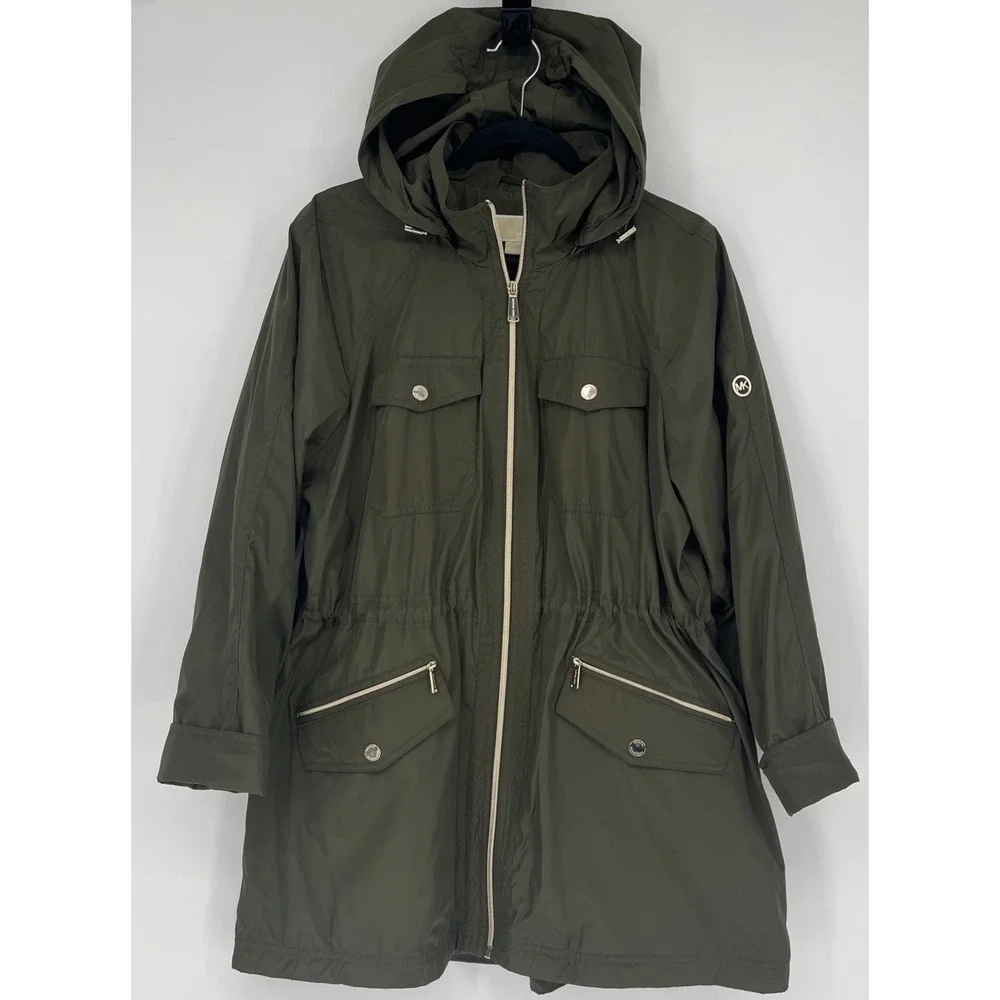 Michael Kors Women's XL Utility Jacket Rain Coat Detachable Hood Zip Up Green